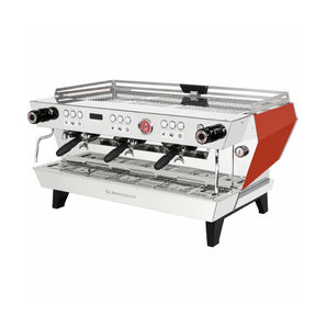 La Marzocco KB90 3-group espresso machine with red panels and chrome detailing on white background