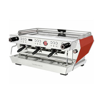 La Marzocco KB90 AV 3-group espresso machine back view with angular red panels