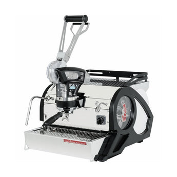 Angled front view of La Marzocco Leva 1 Group espresso machine with portafilter, steam wand, and drip tray visible