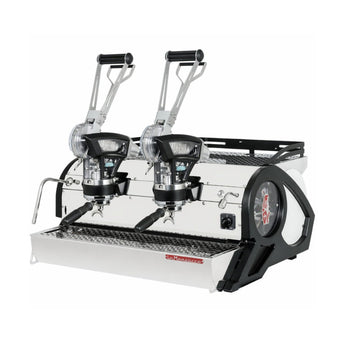 La Marzocco Leva 2 Group espresso machine angled front left view with exposed mechanical group heads