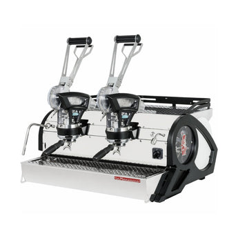 La Marzocco Leva 2 Group espresso machine angled front view with portafilters and drip tray detail