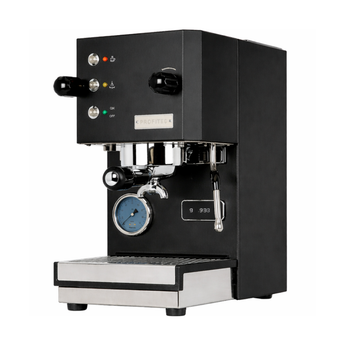 Profitec Go espresso machine in matte black, angled three-quarter view showing portafilter, steam wand, pressure gauge, and digital display