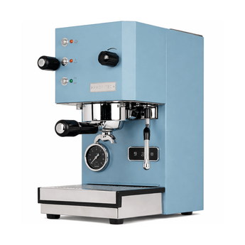 Profitec Go espresso machine in pastel blue, angled three-quarter view highlighting stainless steel group head, portafilter, steam wand, and pressure gauge