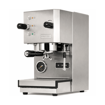 Profitec Go espresso machine in brushed stainless steel, angled three-quarter view showcasing portafilter, steam wand, pressure gauge, and drip tray