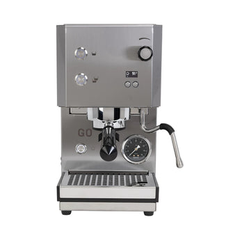 Profitec GO 2.0 espresso machine in brushed stainless steel, front view on a plain white background