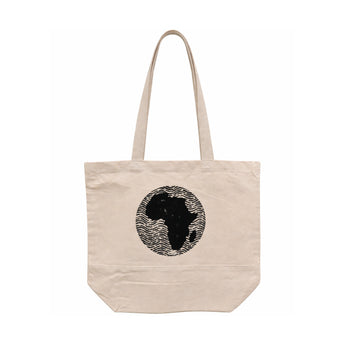 Bean There Tote Bag with Africa map design in natural canvas, featuring sturdy handles and spacious everyday carry style
