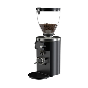 Mahlkönig E80 Supreme On-Demand Grinder in black, angled front-right view showing dosing spout and portafilter holder.
