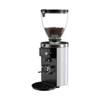 Mahlkönig E80 Supreme On-Demand Grinder in white, angled front-left view with full bean hopper.
