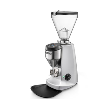 Silver Mazzer Super Jolly V Up Electronic coffee grinder with digital display and large bean hopper, shown on a white background.