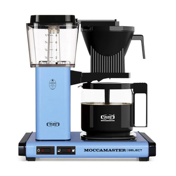 Moccamaster KBG Select filter coffee machine in Pastel Blue with 1.25L brewing capacity and glass carafe.