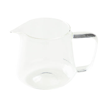 Clear Origami Aroma Glass Coffee Server with handle and precision pouring spout on a white background