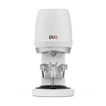 White PUQ Press Q Gen 6 automatic coffee tamper front view on white background
