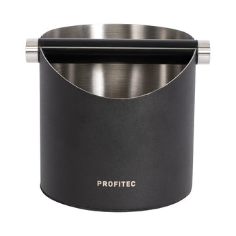 Profitec knock box in matte black with stainless steel liner and knock bar on white