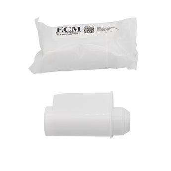 Profitec espresso machine water tank filter cartridge beside its sealed refill pack on white