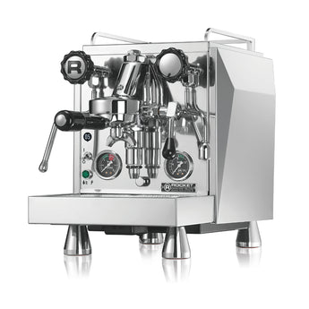 Rocket Cronometro R PID espresso machine Giotto Evoluzione R model angled front view in polished stainless steel