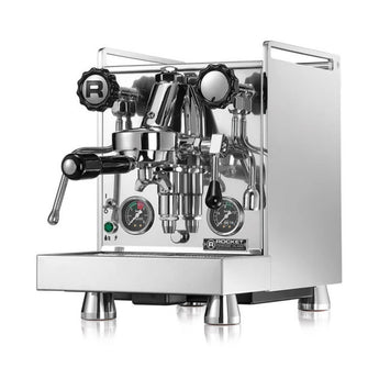 Rocket Cronometro R PID espresso machine Mozzafiato Evoluzione R model angled front view with polished stainless steel body