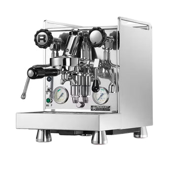 Rocket Cronometro V PID Espresso Machine Mozzafiato model angled front view with polished stainless steel finish