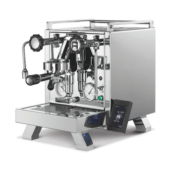 Rocket R Cinquantotto espresso machine angled view with stainless steel body and external touchscreen PID controller