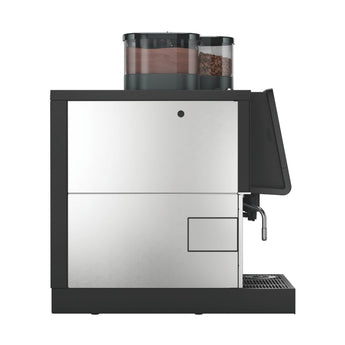 WMF 1300S automatic espresso machine side view showing stainless steel panel and steam wand