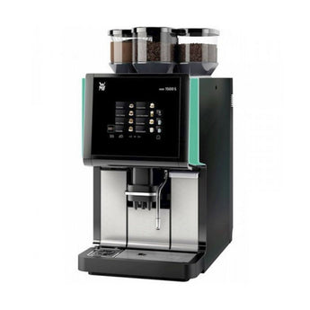 WMF 1500S Automatic Espresso Machine with dual bean hoppers, touchscreen drink selection and integrated milk system in black finish