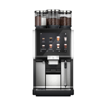WMF 5000S Automatic Espresso Machine front view showing drink selection touchscreen and milk system