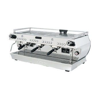 La Marzocco GB5 X rear three-quarter view showing stainless steel body and branding detail