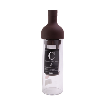 Hario 700ml Filter-in Coffee Bottle in black with heat-resistant glass body and silicone top, designed for simple cold-brew coffee preparation.