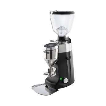 Black Mazzer Kony S Electronic Grind by Weight grinder with conical burrs and digital display designed for accurate, consistent espresso dosing.