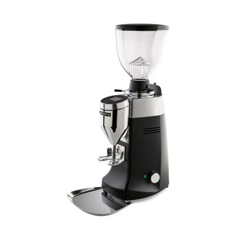 Black Mazzer Robur S Electronic grinder with conical burrs and digital dosing display designed for fast, consistent professional espresso grinding.