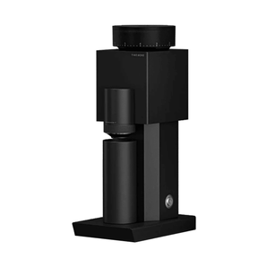 Black Timemore Bricks 01S electric coffee grinder with cylindrical grounds cup and top adjustment dial, shown on a plain white background.