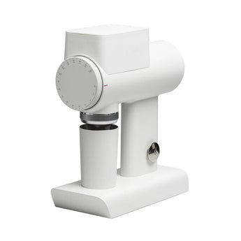 Timemore Sculptor 064S espresso flat burr grinder in white with precision adjustment dial and compact home coffee setup