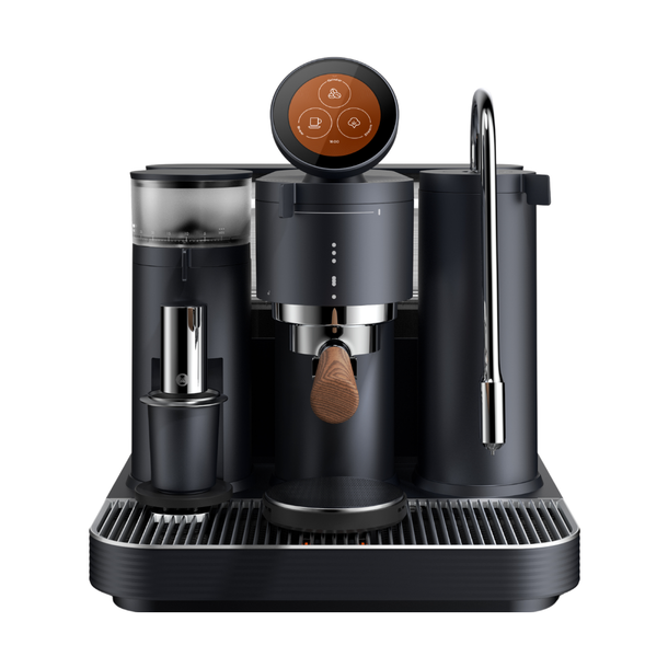 Meraki Espresso Coffee Machine promo video showcasing its built-in grinder, touchscreen controls, wooden portafilter, steam wand, precision espresso extraction and sleek countertop design.